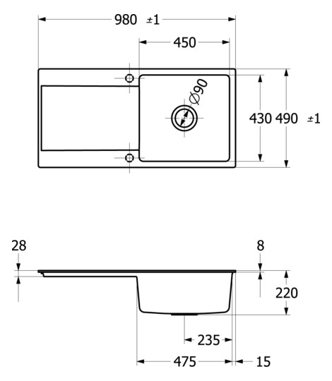 V&B Flächenbündige Spüle Siluet 60 Flat mit Ablaufgarnitur, Excenterbetätigung, graphit CeramicPlus