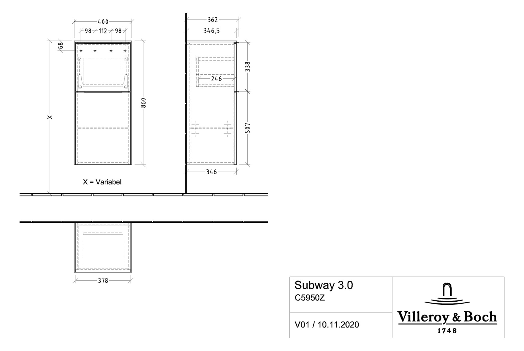 V&B Seitenschrank Subway 3.0 40x86x36,2cm, Schanier rechts/Griff Aluminium glänzend, nordic oak