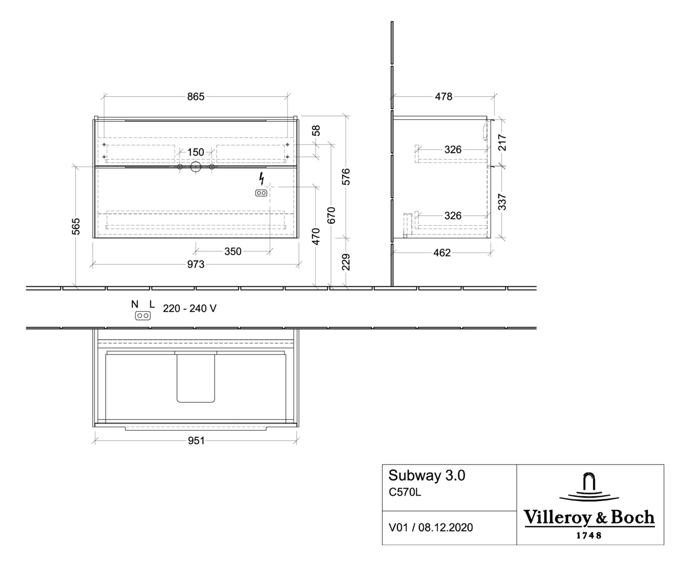 V&B Waschtisch-Unterschrank Subway 3.0 97,3x57,6x47,8cm, mit LED/Griff Volcano black, cashmere grey