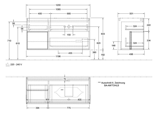 V&B Waschtisch-Unterschrank Wandbeleuchtung Finion 120cm, Abdeckplatte white matt, Regal links Peony, Walnut veneer