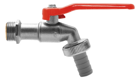 ASW Kugel-Auslaufventil 3/4", Griff rot, Messing CW617N matt verchromt, mit Schlauchverschraubung