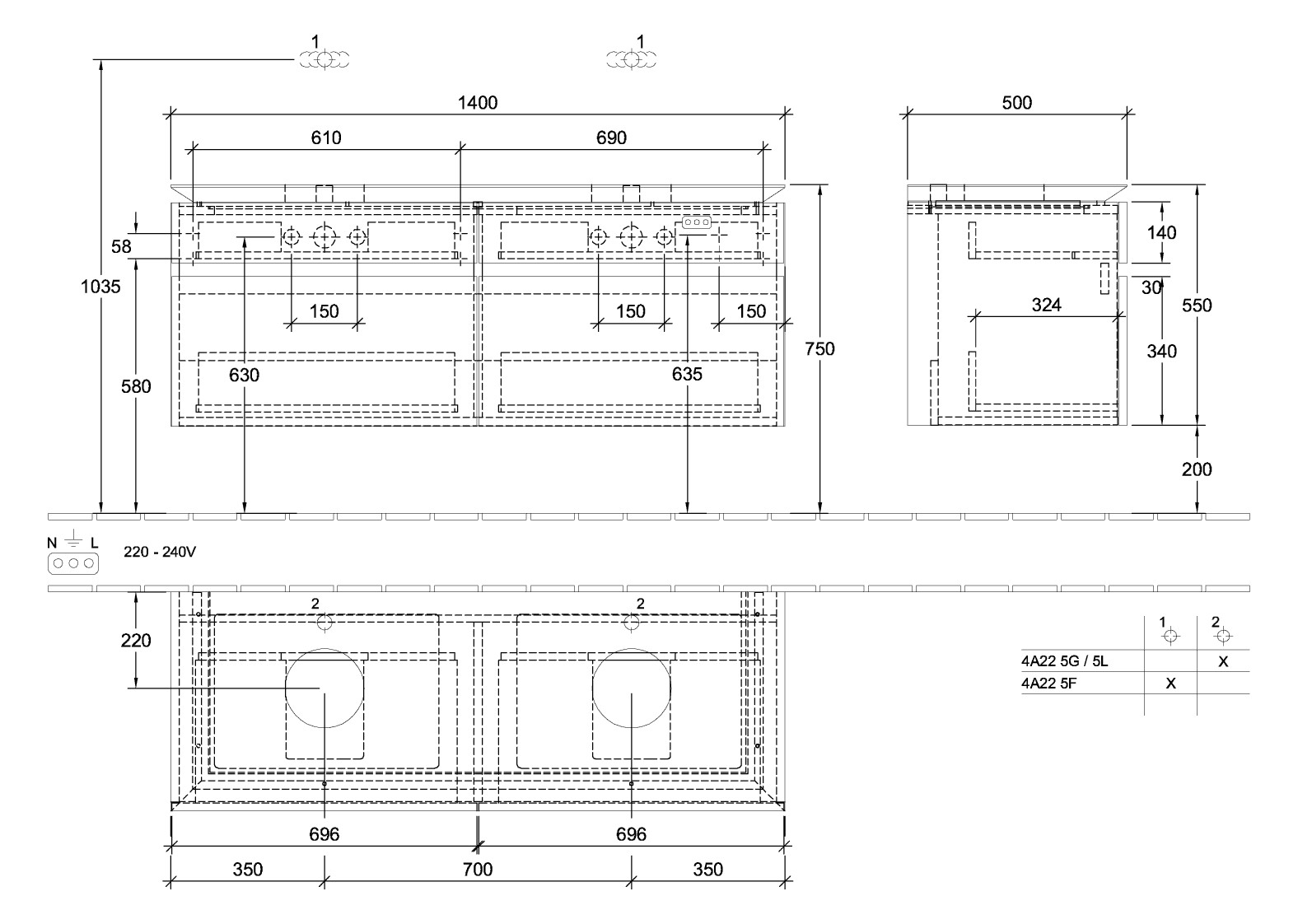 V&B Waschtischunterschrank Legato 140x55x50cm, für 2 Waschtische, mit LED-Beleuchtung, Stone Oak
