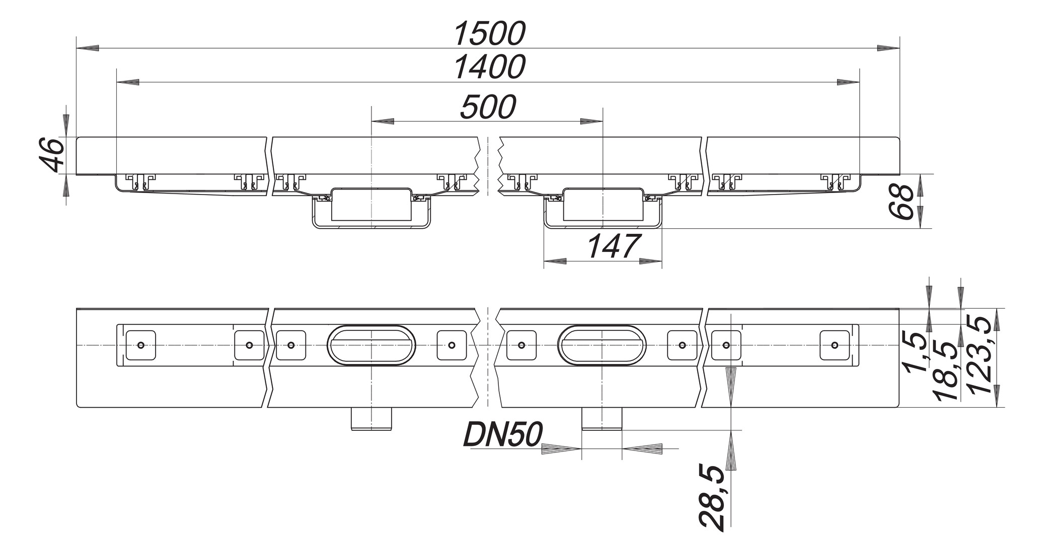 Dallmer Duschrinne CeraLine Nano W Duo 1400, L1 1400/L2 1500/L3 500 mm, DN 50