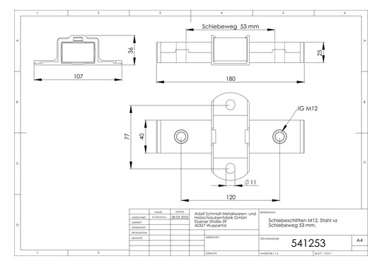ASW Schiebeschlitten M 12, Schiebeweg 53 mm, Stahl verzinkt