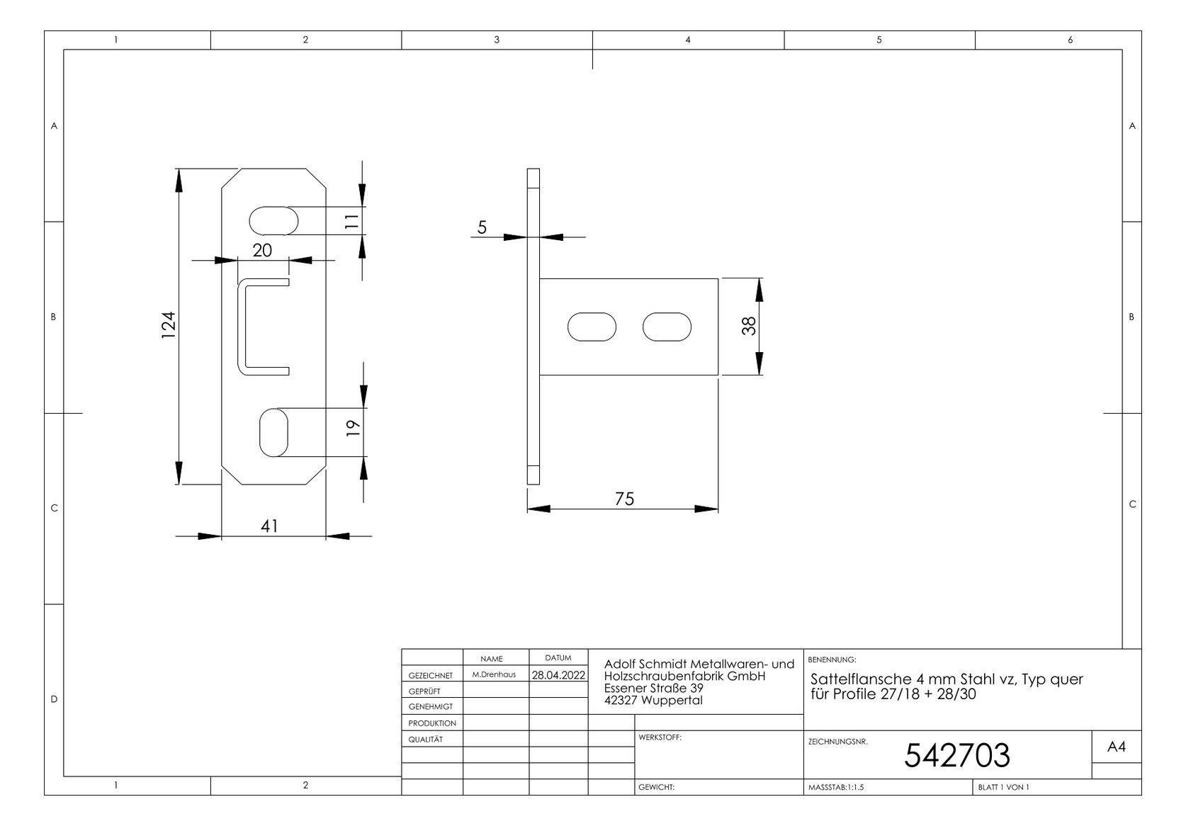 ASW Sattelflansch Stahl verzinkt, 4mm, für Profil 27/18 + 28/30, quer