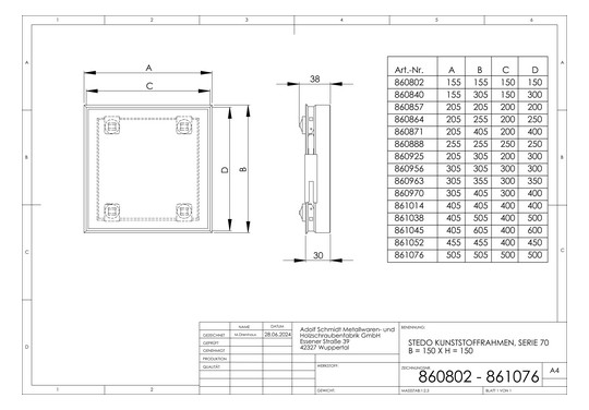 STEDO Kunststoffrahmen Serie 70 400 x 600 mm, Magnethalter, Trägerplatte, befliesbar