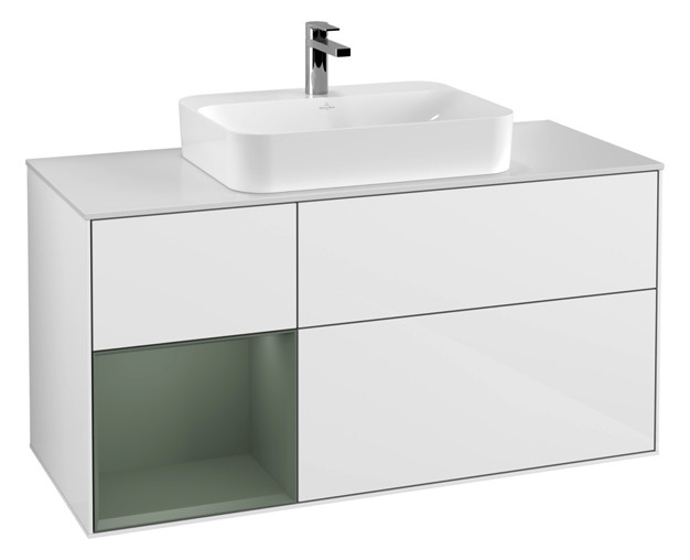 V&B Waschtisch-Unterschrank Finion 120cm, Abdeckplatte white matt, Regal links Olive Matt Lacquer, Glossy white lacquer