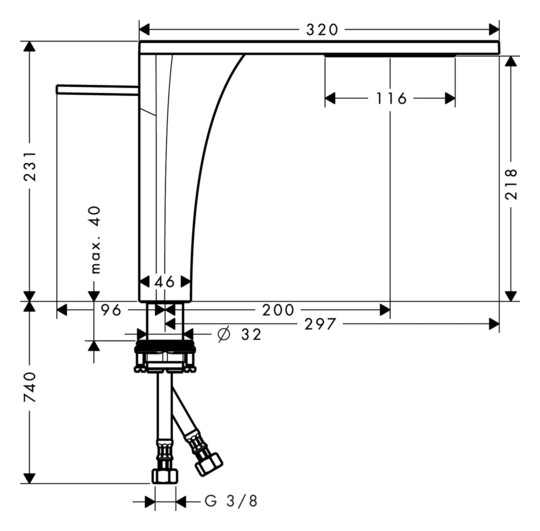 hansgrohe Waschtisch-Einhebelmischer 220 Axor Massaud Ausladung 200mm, unverschließbare Ablaufgarnitur, chrom