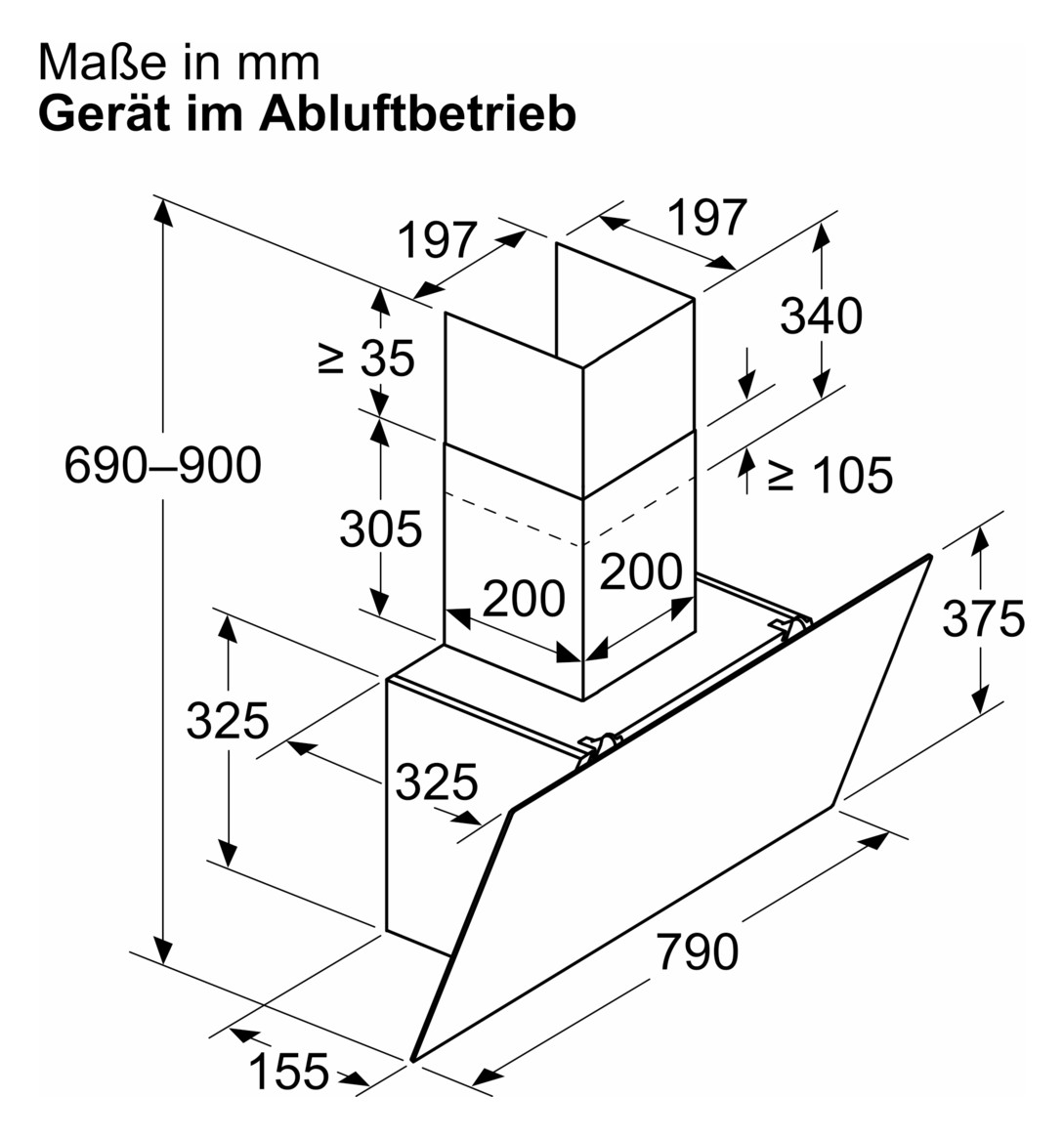Wandesse 790mm sw A 60dB 430cbm/h Ø150mm LED 3st Uml T325mm