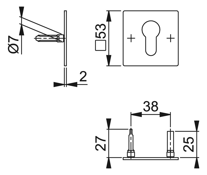 Bild HOPPE Schlüsselrosettenpaar E848NS, außen/innen, eckig, mit Stütznocken, Profilzylinder gelocht, 2mm, Türstärke min. 35mm, Türstärke maximal 45mm, schwarz matt-1