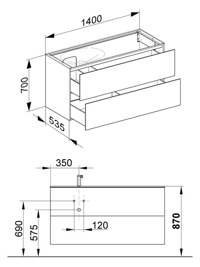 KEUCO Waschtischunterschrank Edition 11 Planning 140x70x53,5cm, 2 Frontauszüge, links, Lack Seidenmatt, Glas Weiß