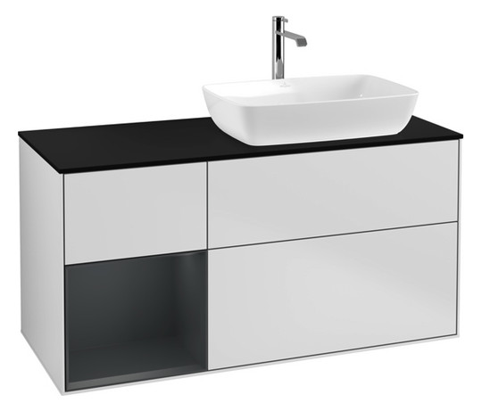 V&B Waschtisch-Unterschrank Finion 120cm, Abdeckplatte black matt, Regal Midnight matt lacquer, White matt lacquer
