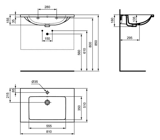 Ideal-Standard Möbel-Waschtisch i.life B 81x51x18cm, mit Hahnloch/Überlauf, weiß