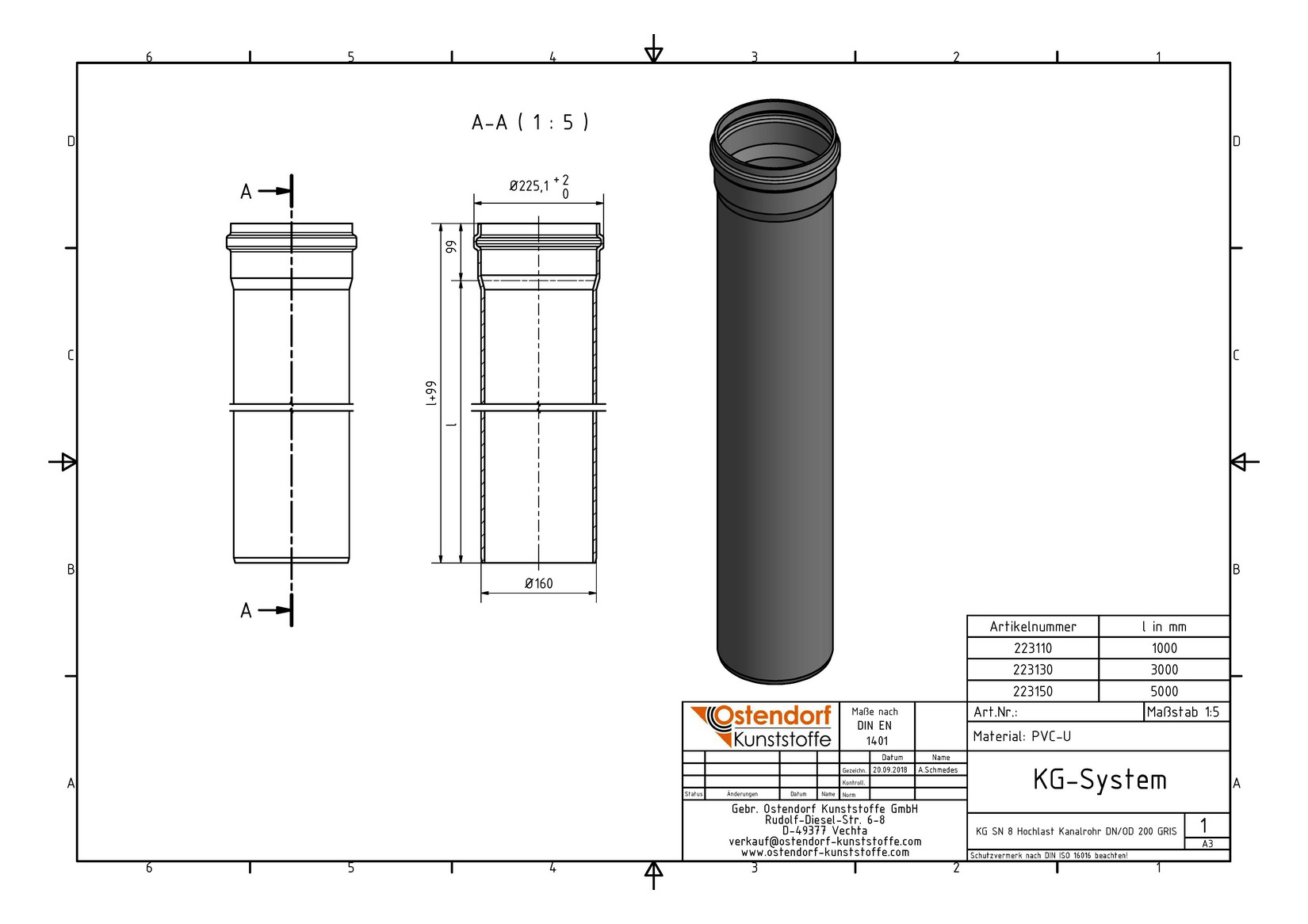 Ostendorf KG Rohr SN 8 EM DN/OD 200, 3000 mm, mit Steckmuffe/Lippendichtung