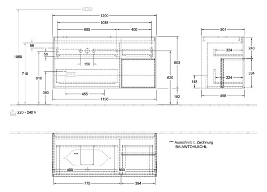 V&B Waschtisch-Unterschrank Finion 120x60,3x50,1cm, Regal rechts Glossy white lacquer, Walnut veneer