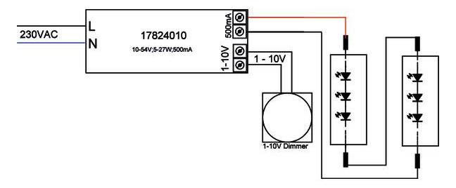 LED-Steuerung 5-27W 500mA 54V IP20 1-10V Dimmung 1-10 V Kstgeh dyn