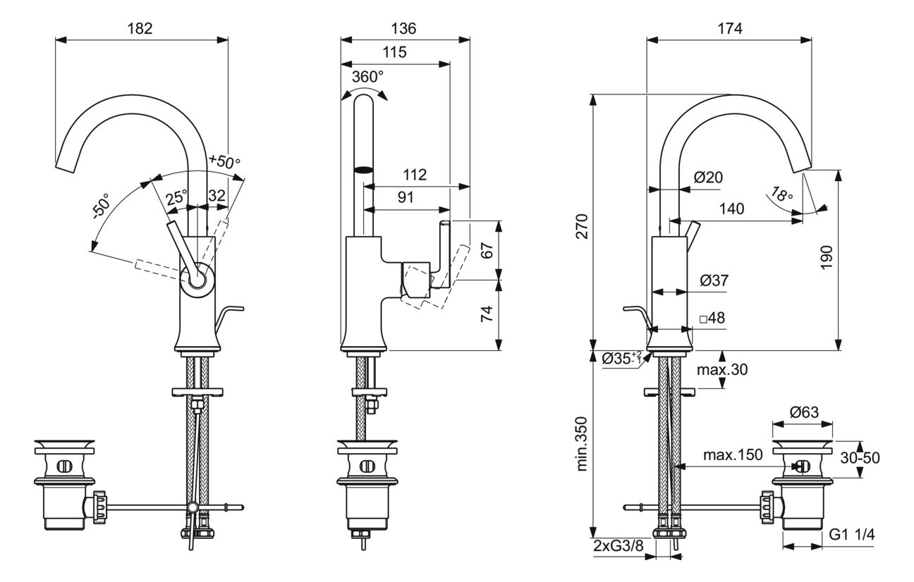 Ideal-Standard Waschtisch-Einhebelmischer Joy Neo Piccolo mit Ablaufgarnitur, Ausladung 140mm, mit Metall-Ablaufgarnitur, chrom