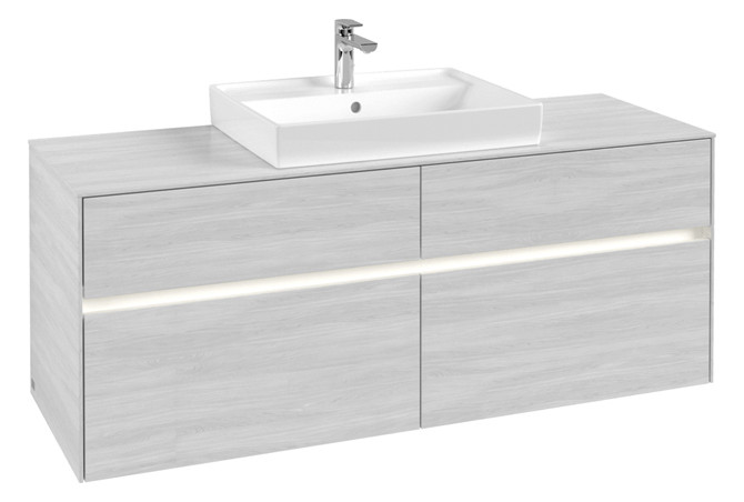 V&B Waschtischunterschrank Collaro 140x54,8x50cm, Waschtisch mittig, LED-Beleuchtung 10,4 W, white wood
