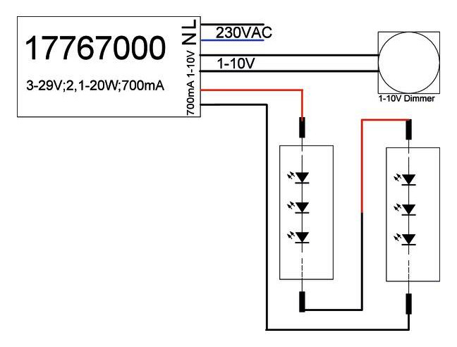 LED-Steuerung 2,1-20W 700mA 28,5V IP20 1-10V Dimmung 1-10 V Kstgeh dyn