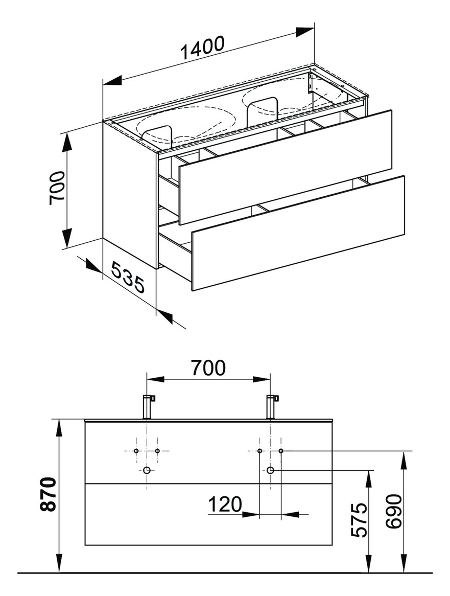 KEUCO Waschtischunterschrank Edition 11 Planning 140x70x53,5cm, 2 Frontauszüge, Strukturlack Anthrazit