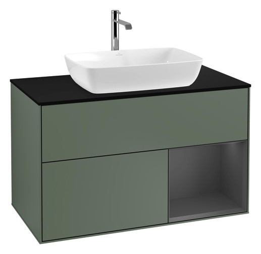 V&B Waschtisch-Unterschrank Wandbeleuchtung Finion 100cm, Abdeckplatte black matt, Regal Anthracite matt lacquer, Olive Matt Lacquer