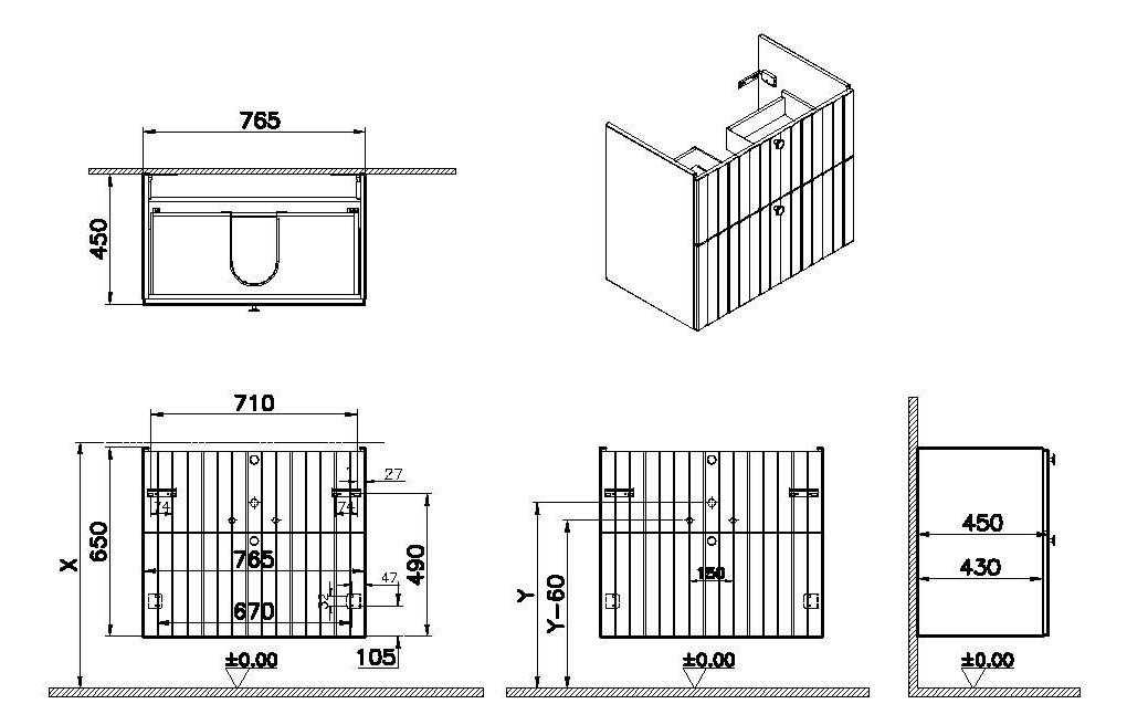 VitrA Bad Waschtisch-Unterschrank Root Groove 76,5x45x65cm, 2 Vollauszüge, Korpus Grau Matt