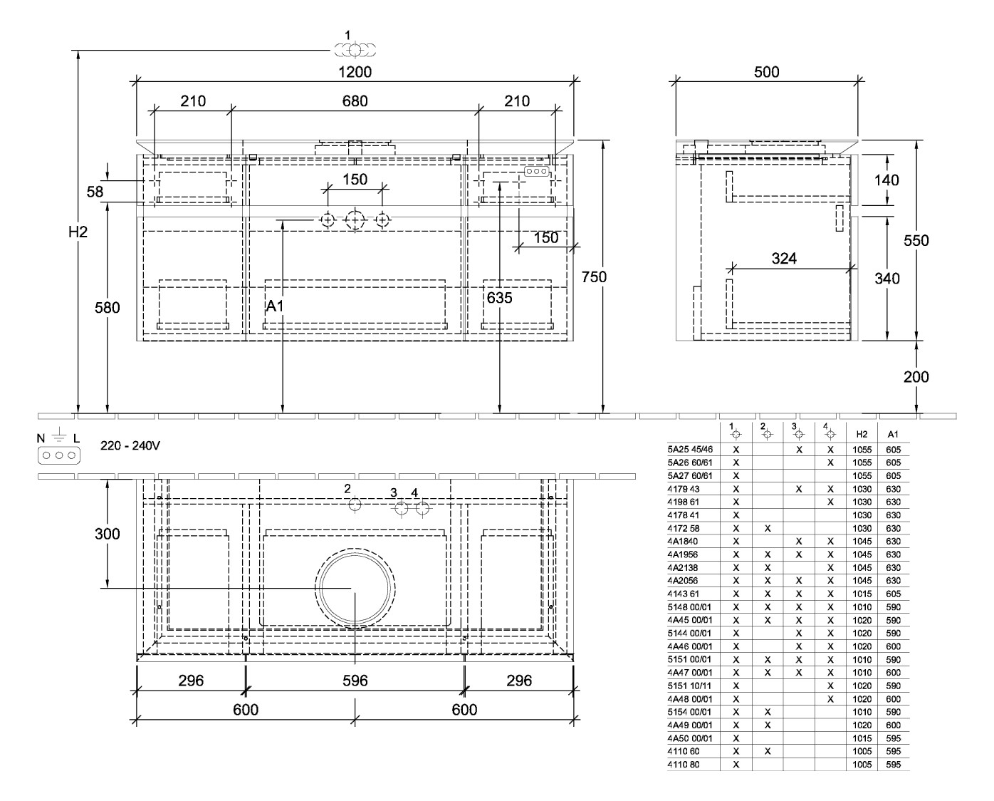 V&B Waschtischunterschrank Legato 120x55x50cm, Waschtisch mittig, mit LED-Beleuchtung, Glossy Grey