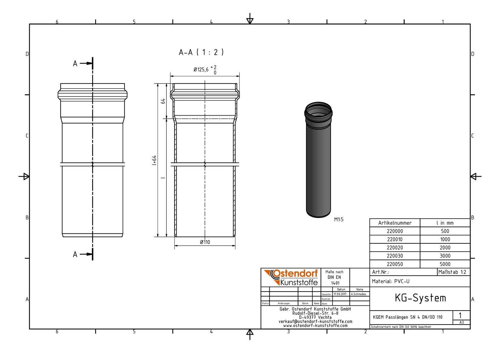 Ostendorf KG Rohr SN 4 Coex EM DN/OD 110 x 3,2 mm, 5000 mm, mit Muffe