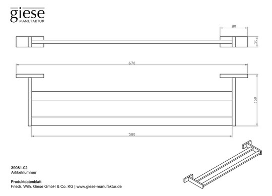 Giese Badetuchhalter Gifix Tono 670x150x30mm, doppelt, verchromt