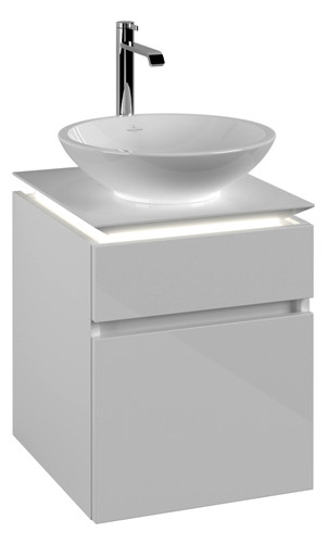 V&B Waschtischunterschrank Legato 45x55x50cm, Waschtisch mittig, mit LED-Beleuchtung, Glossy White