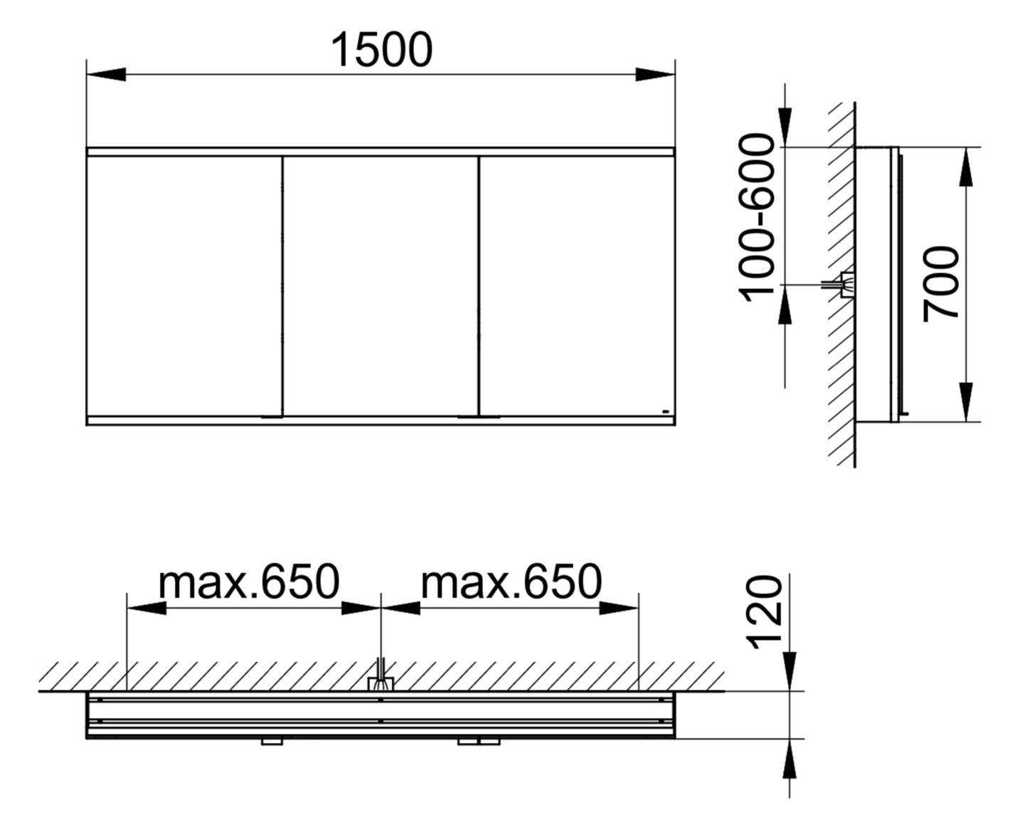 KEUCO Spiegelschrank Royal Modular 2.0 1500 x 700 x 120 mm, 1 Steckdose, 1 Doppel-USB-Ladestelle, Wandvorbau, 3 Türen, beleuchtet
