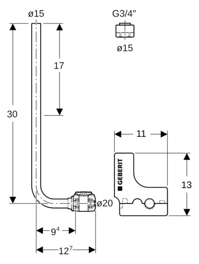 Geberit Metallrohr-Anschlussbogen FlowFit Ø 20/15 mm x G 3/4, 300 mm, 90Grad