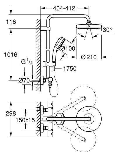 GROHE Duschsystem Tempesta Cosmopolitan 210 chrom, mit Aufputz-Thermostat, schwenkbarer Duscharm 39cm