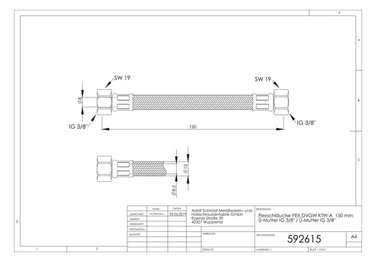 ASW Flex-Trinkwasserschlauch 3/8" x 3/8", 150 mm, Überwurfmutter IG