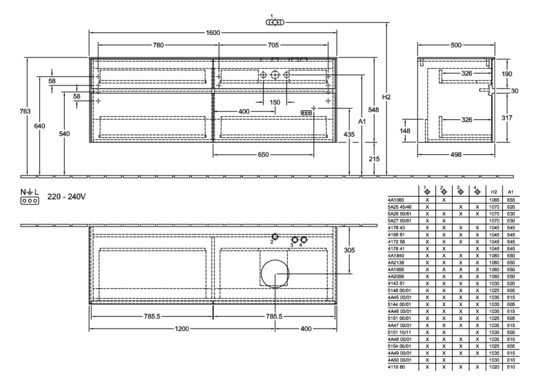 V&B Waschtischunterschrank Collaro 160x54,8x50cm, Waschtisch rechts, LED-Beleuchtung 12W, truffle grey