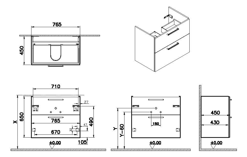VitrA Bad Waschtisch-Unterschrank Root Flat 76,5x45x65cm, 2 Vollauszüge, Korpus Anthrazit Hochglanz