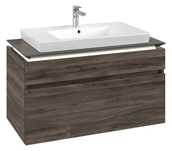 V&B Waschtischunterschrank Legato 100x55x50cm, Waschtisch mittig, mit LED-Beleuchtung, Stone Oak