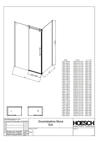 Hoesch Duschabtrennung Eckversion Muna 170 x 80 cm, links, ESG klar mit EverClean