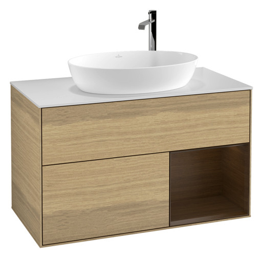 V&B Waschtisch-Unterschrank Finion 100cm, Abdeckplatte white matt, Regal Walnut Veneer, Oak Veneer