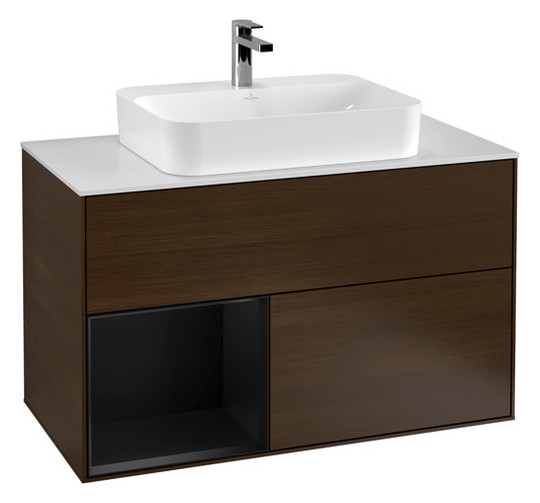 V&B Waschtisch-Unterschrank Wandbeleuchtung Finion 100cm, Abdeckplatte white matt, Regal links Black matt lacquer, Walnut veneer