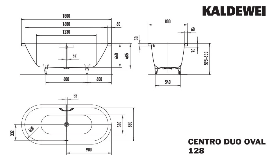 Kaldewei Badewanne CENTRO DUO oval 128 180x80cm, Griffloch, alpinweiß matt