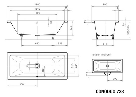 Kaldewei Badewanne CONODUO 733 180x80cm, Griffloch, Perl-Effekt, Rutschhemmend, pergamon