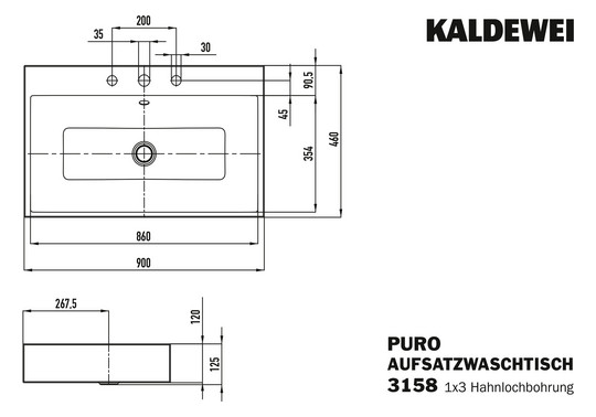 Kaldewei Aufsatz-Waschtisch PURO 3158, 90 x 46 cm, cool grey 70, mit Überlauf, 3 Hahnlöcher