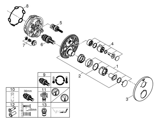 GROHE Fertigmontageset Grohtherm UP-Wannen-Thermostat, mit integrierter 2-Wege-Umstellung, rund, chrom