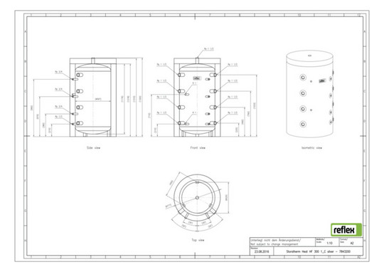 Reflex Pufferspeicher Storatherm Heat HF 300/1_C, Ø 797 mm, 3 bar, mit Isolierung und Glattrohrwärmeübertrager, silber
