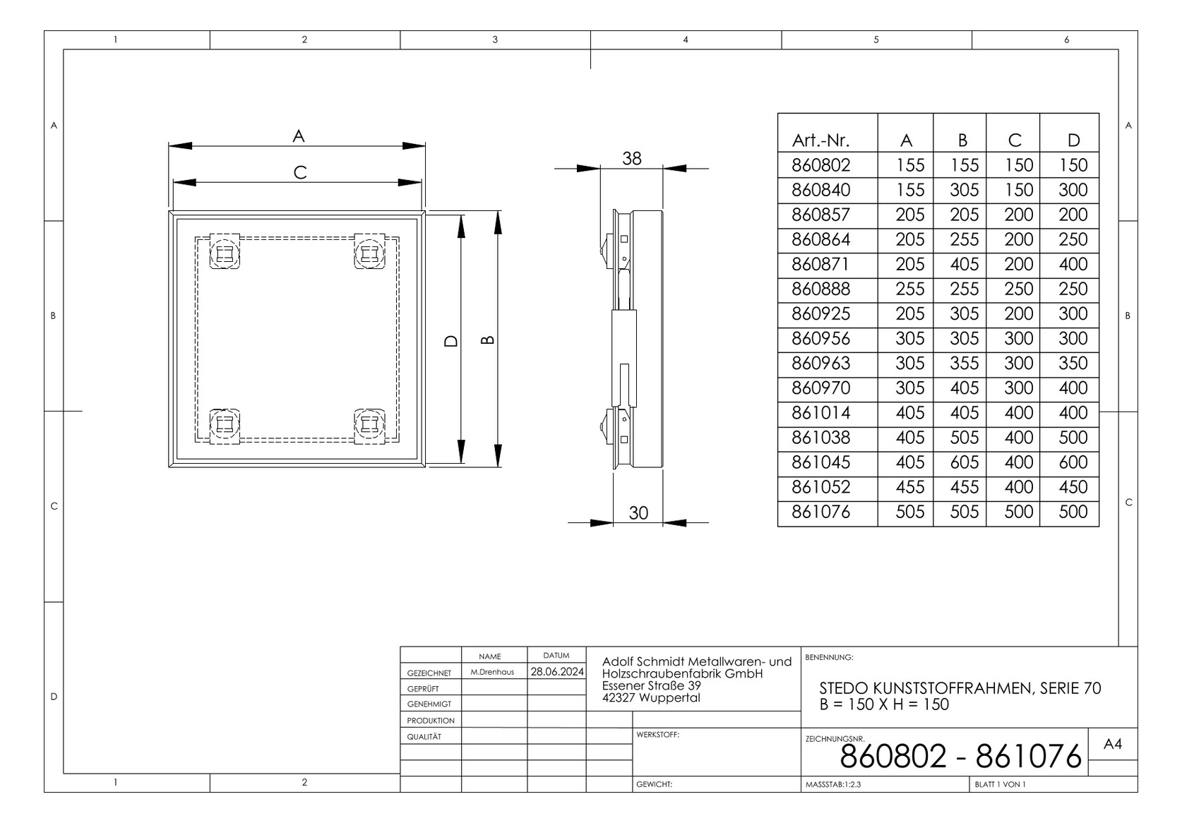 STEDO Kunststoffrahmen Serie 70 400 x 600 mm, Magnethalter, Trägerplatte, befliesbar