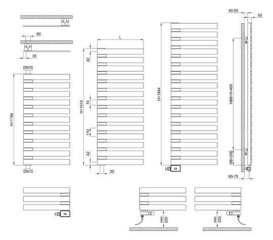 Bemm Badheizkörper Triola E 1514 x 600 mm, platinum, rein elektrisch, wendbar