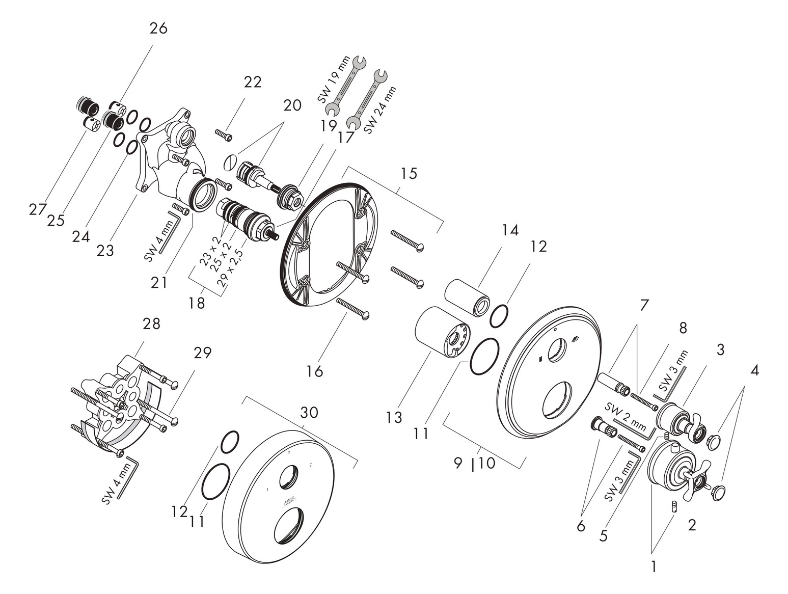 hansgrohe Fertigmontageset Axor Montreux UP-Thermostat, mit Ab- und Umstellventil, Kreuzgriff, chrom