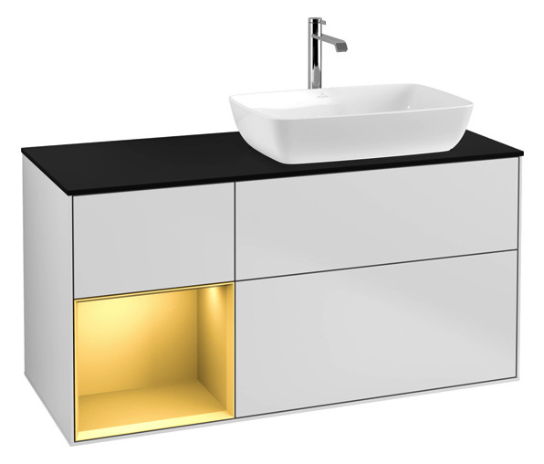 V&B Waschtisch-Unterschrank Finion 120cm, Abdeckplatte black matt, Regal Gold matt lacquer, White matt lacquer