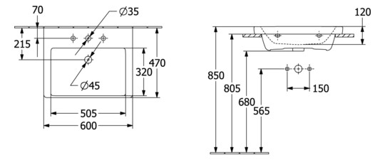 V&B Schrank-Waschtisch Subway 3.0 60x47cm, eckig, Unterseite geschliffen, mit 1 Hahnloch/ohne Überlauf, weiß